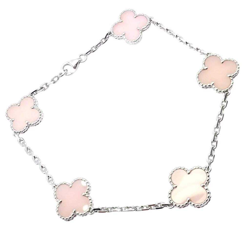 Authentic! Van Cleef & Arpels Alhambra 18k White Gold Pink Opal Bracelet Cert.